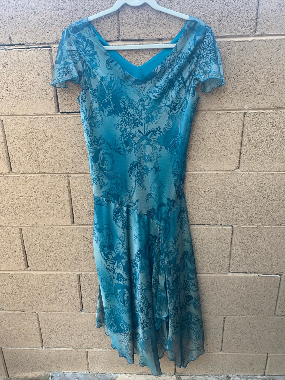 Teal Floral V-Neck Midi Dress Flutter Sleeves Size 10 Petite